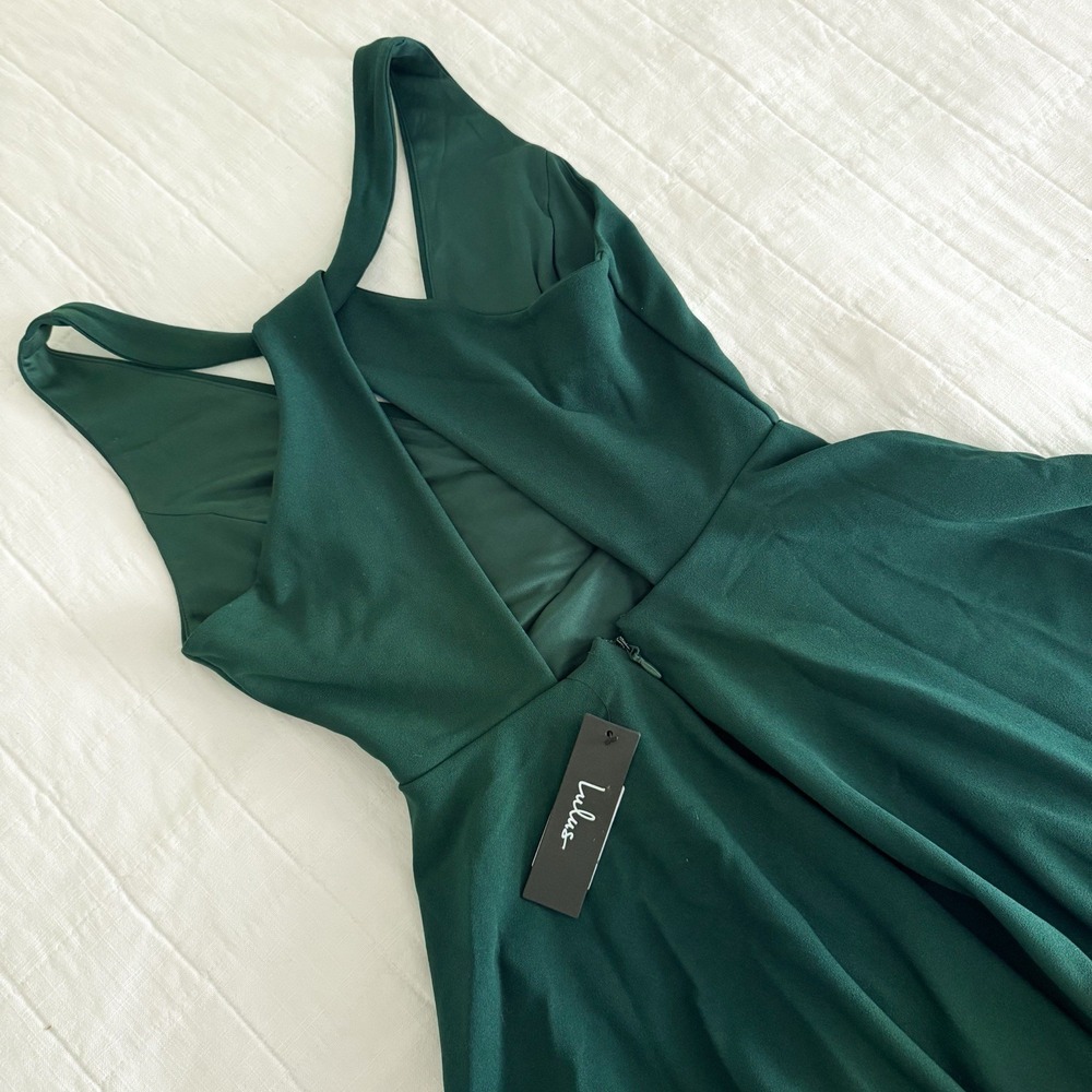 Lulus Wonder Whirl Dark Green Twist Back Skater Dress XS NWT $49 MSRP Cocktail - Picture 11 of 11